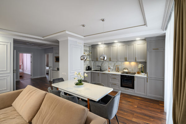 Grey contemporary classic studio kitchen interior designed in modern style